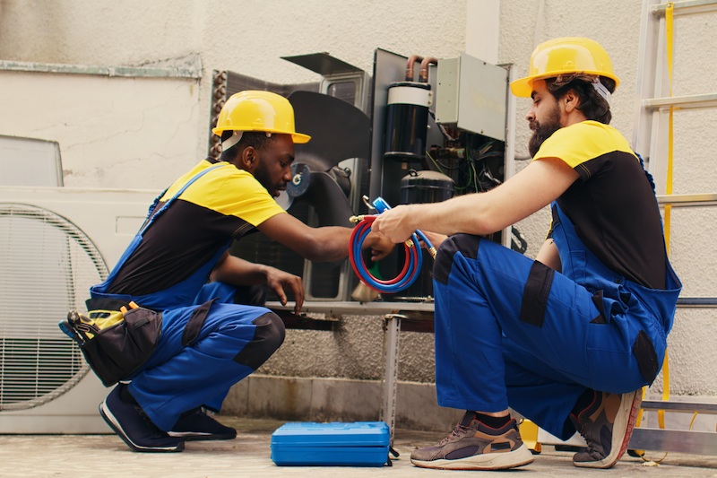 Técnicos ajustando sistema de refrigeração e ar-condicionado externo